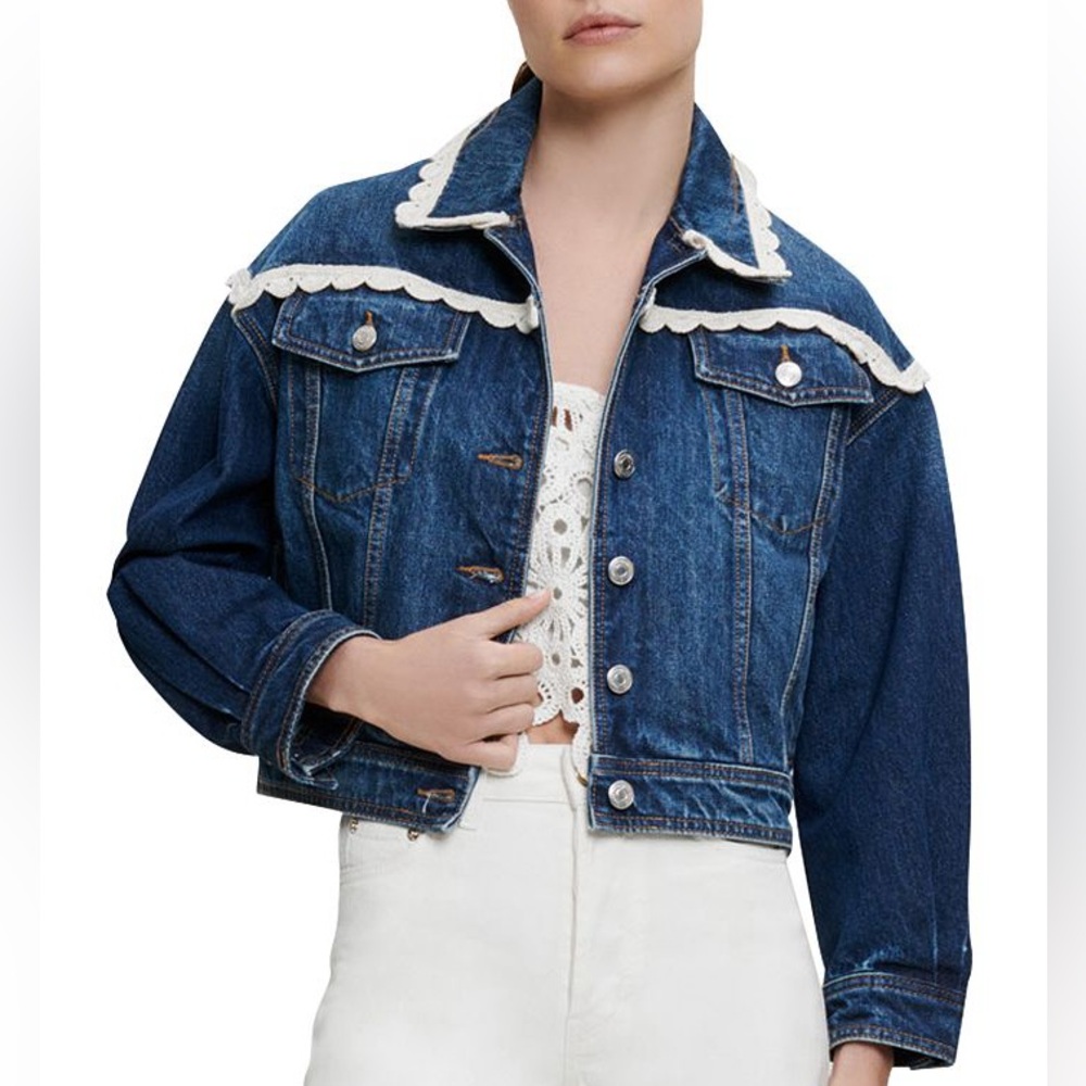 Maje Bakina Crochet Trim Denim Jacket